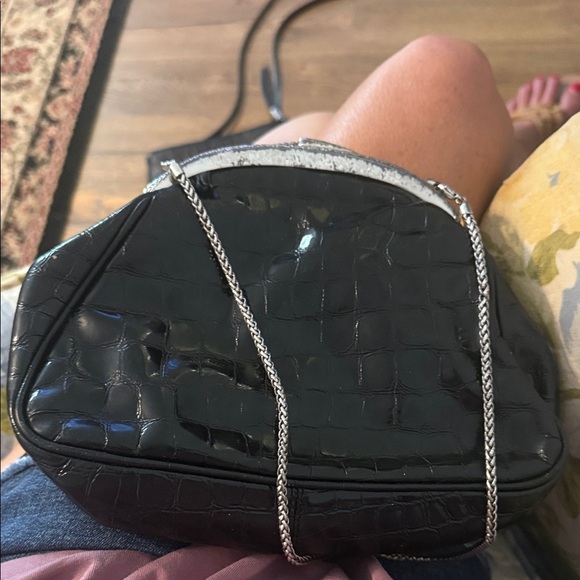 Brighton Black Crocodile-Embossed Clutch with Chain- vintage - Picture 1 of 9
